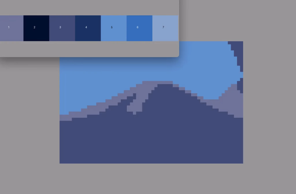 A screenshot of a pixellated mountain scenery, proving the 2D grid tapestry crochet pattern generator works