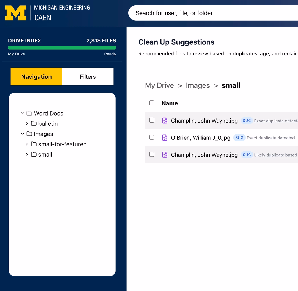 Cropped screenshot of M-Genie frontend interface: a dashboard with a Michigan blue colored sidebar on the left and a table containing files on the right