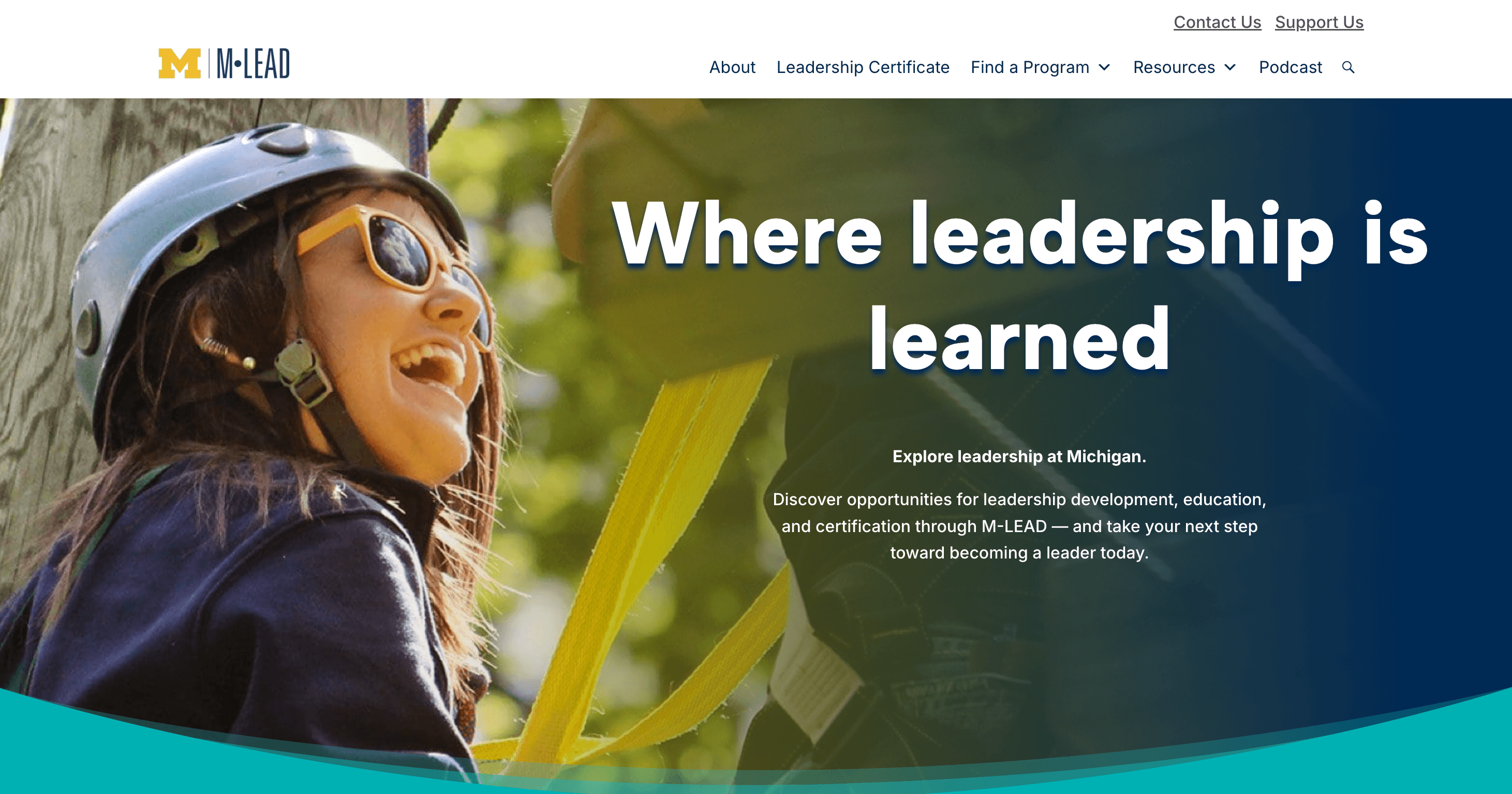 M-Lead website homepage, showing a big header saying "Where leadership is learned" over an image of a smiling woman in helmet