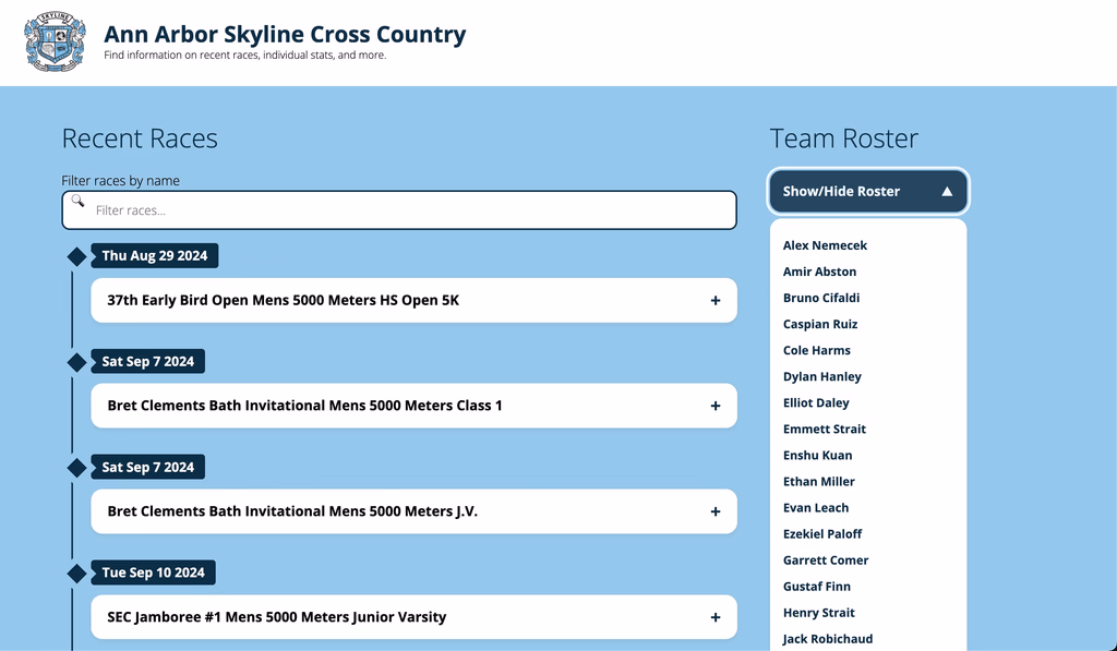 Cross-Country Team website homepage, colored sky-blue with the Ann Arbor Skyline Cross Country logo on the top left